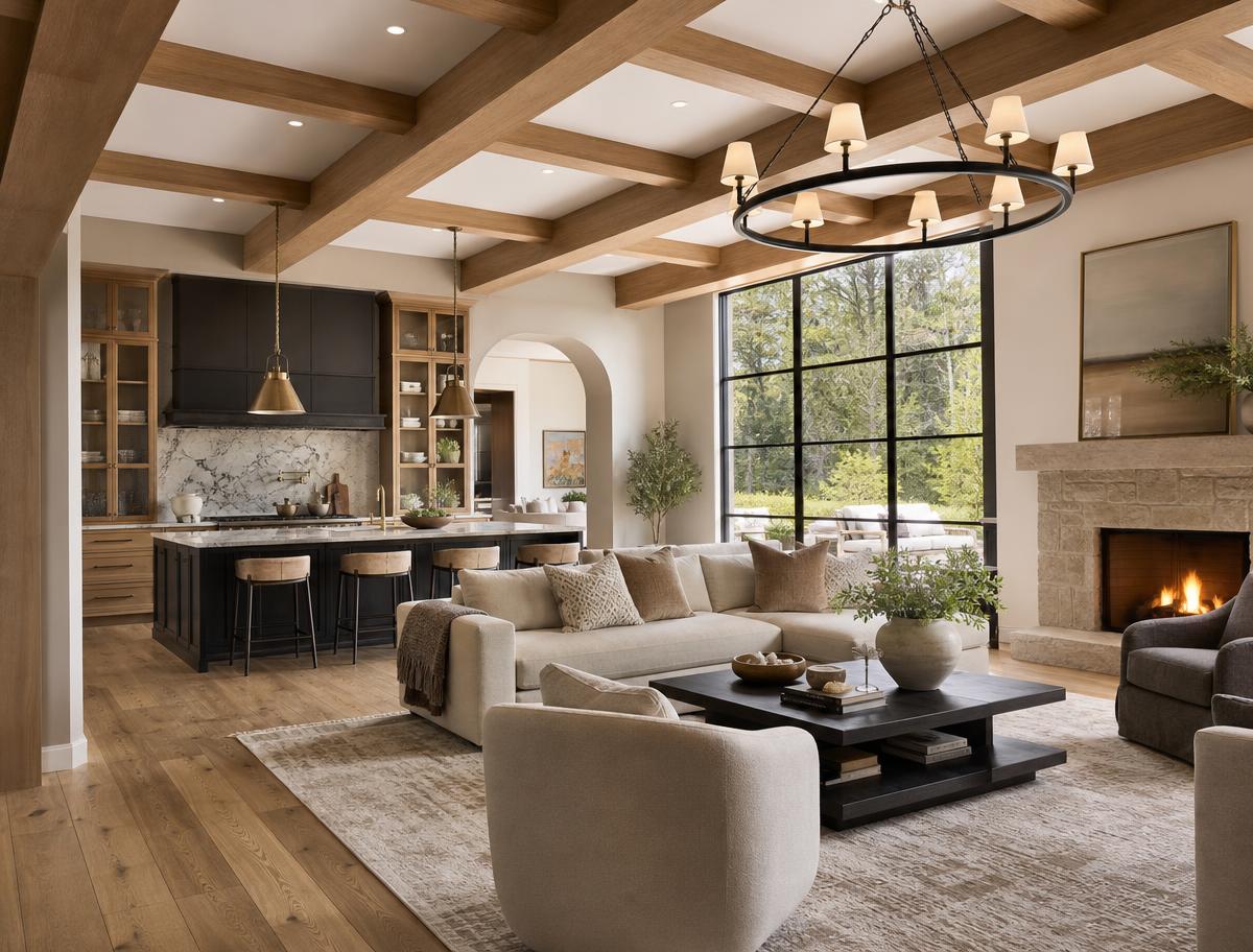Warm custom-home great room with white oak beams, natural stone fireplace, and black-framed windows