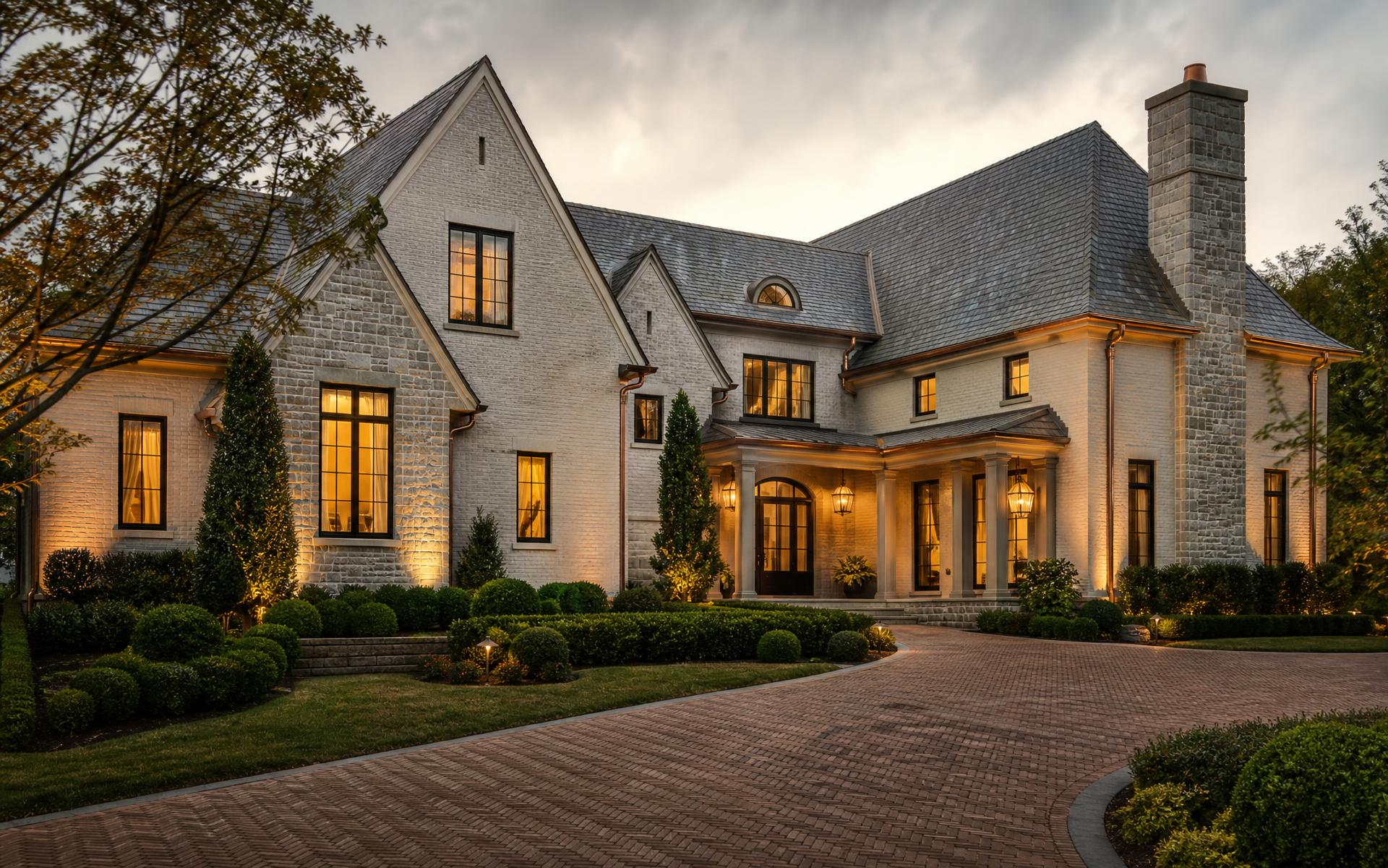 Timeless custom estate at dusk with painted brick, stone, and columned entry